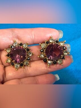 Vintage Florenza Gold-Tone Purple Sunburst Crystal Stud Earrings